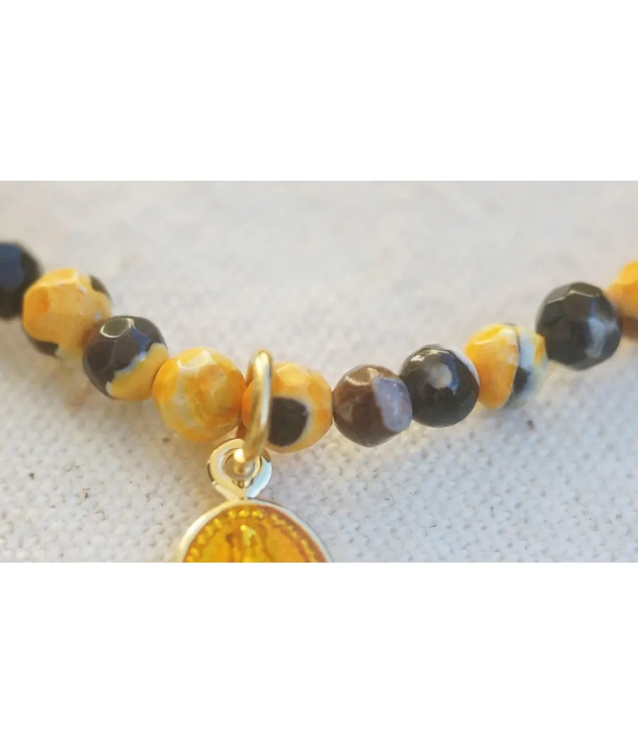 bracelet fait main médaille or fin vierge miraculeuse agate noir jaune