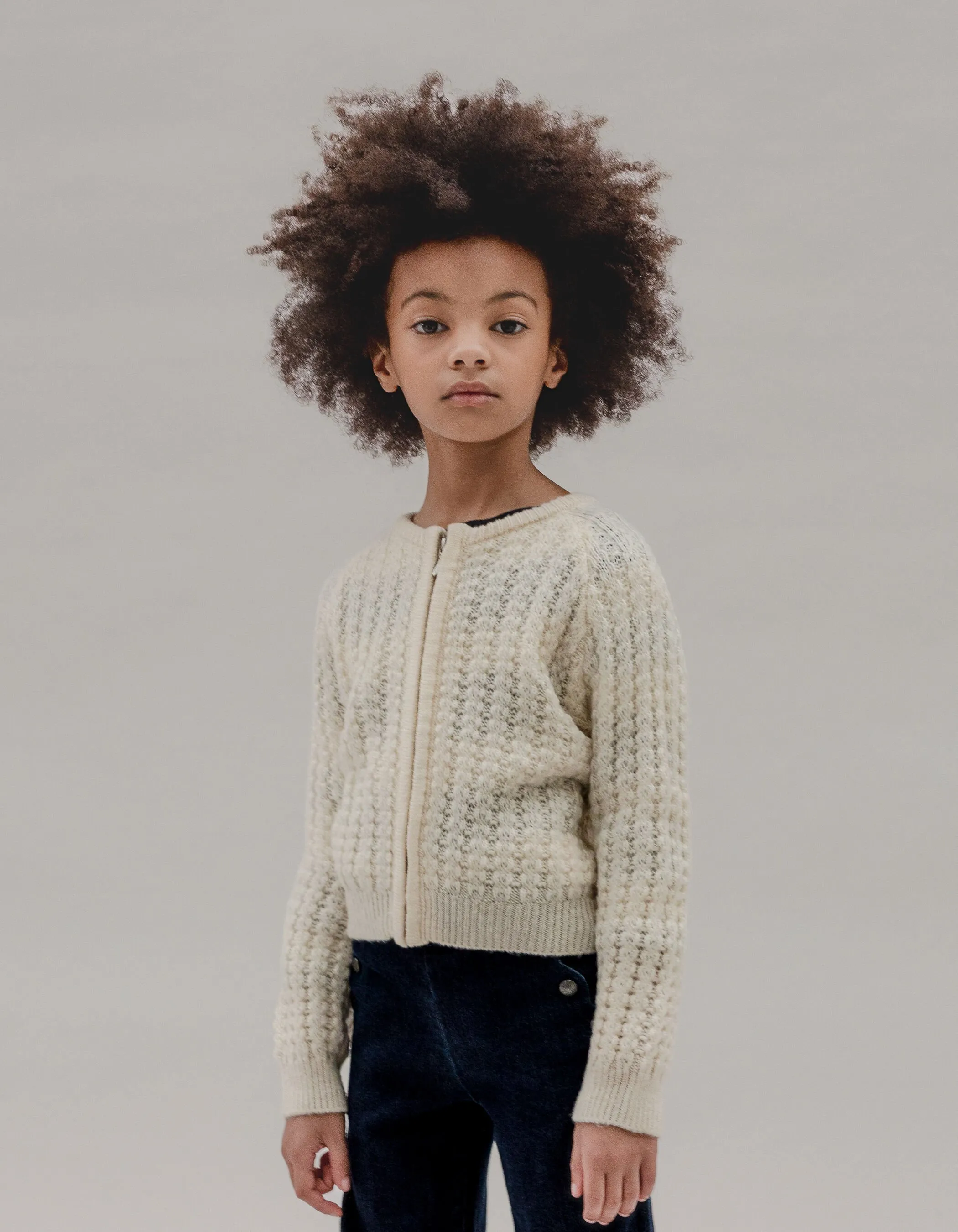 Cardigan écru zippé tricot fantaisie ajouré fille