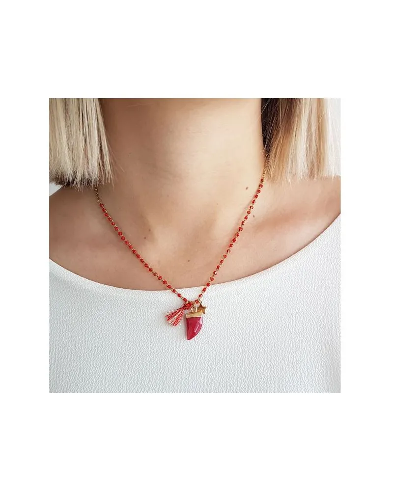 Collier acier doré pendentif etoile dent rouge mile mila paris