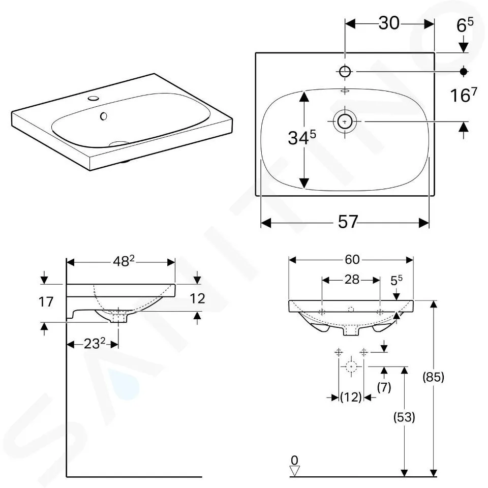 Geberit Acanto - Lavabo 60x48 cm, avec 1 trou, avec trop-plein, avec KeraTect, blanc 500.620.01.8