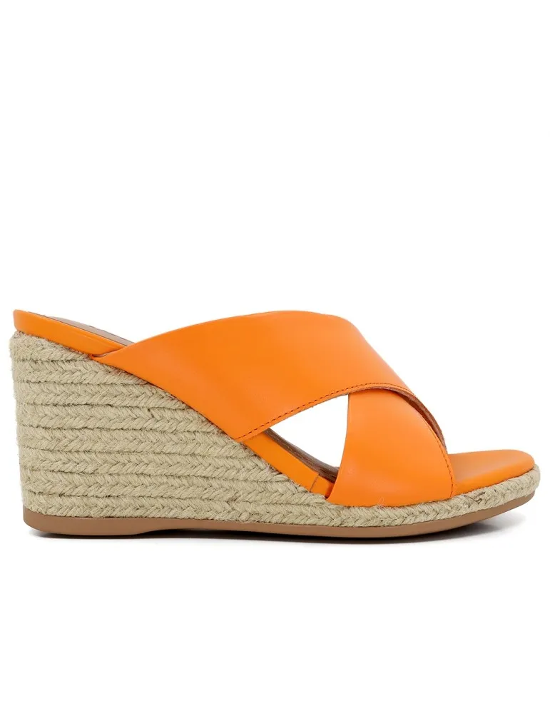 mules compensées brides croisées cuir orange 09 cm
