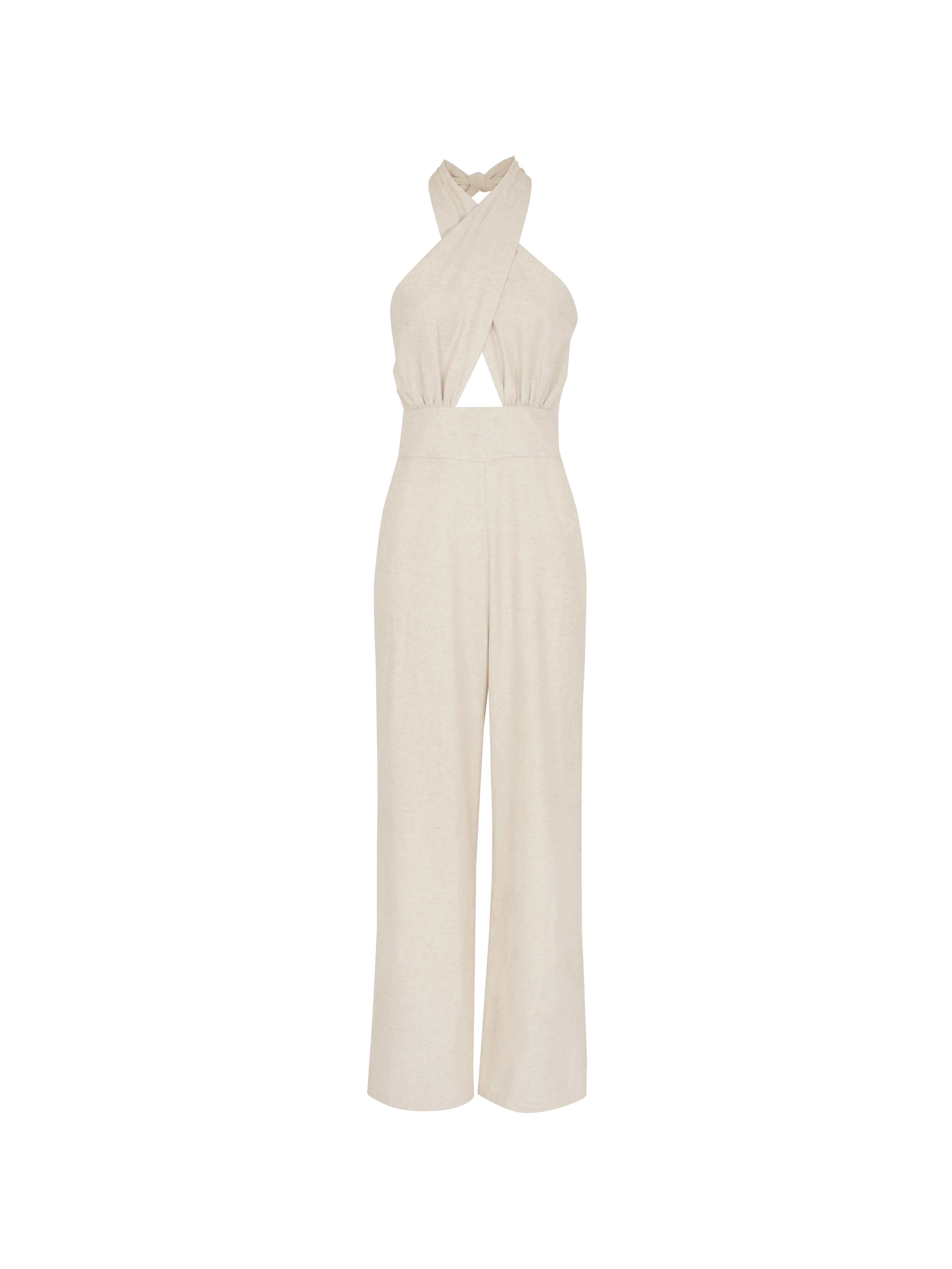 PETRA - Combinaison taille haute ajourée top croisé noué en gabardine écrue