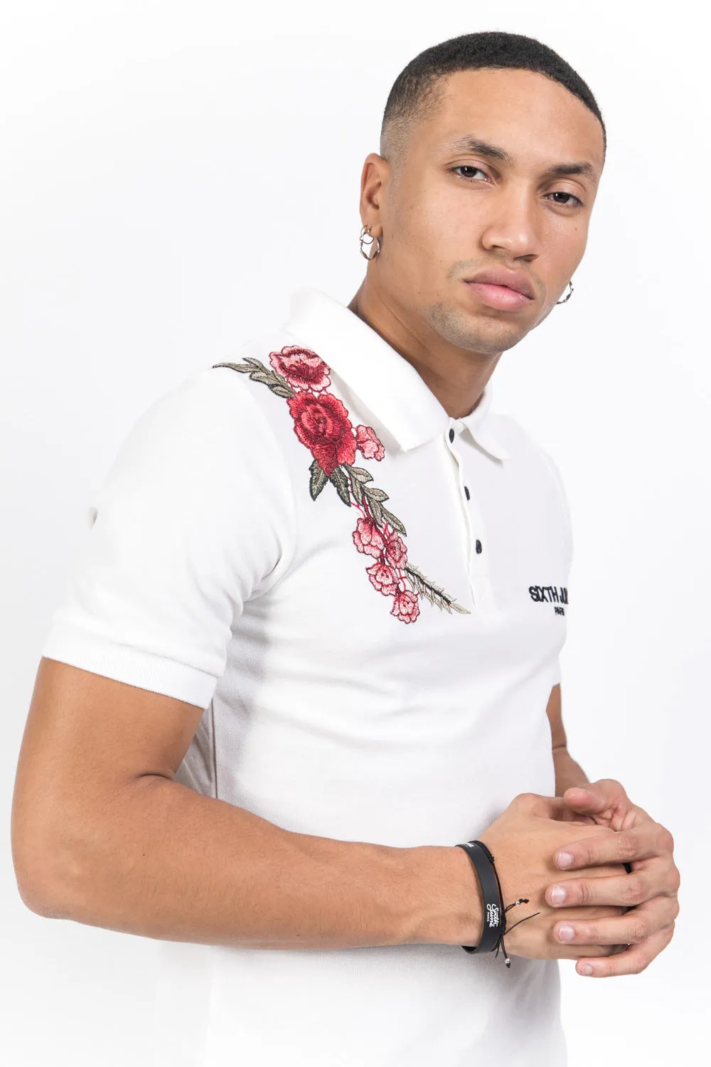 Polo brodé roses blanc