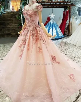 Princesse Dos Nu Robe De Bal Transparente Appliques Dentelle Robe Habillée Tulle Élégant Rose Poudré Col Haut