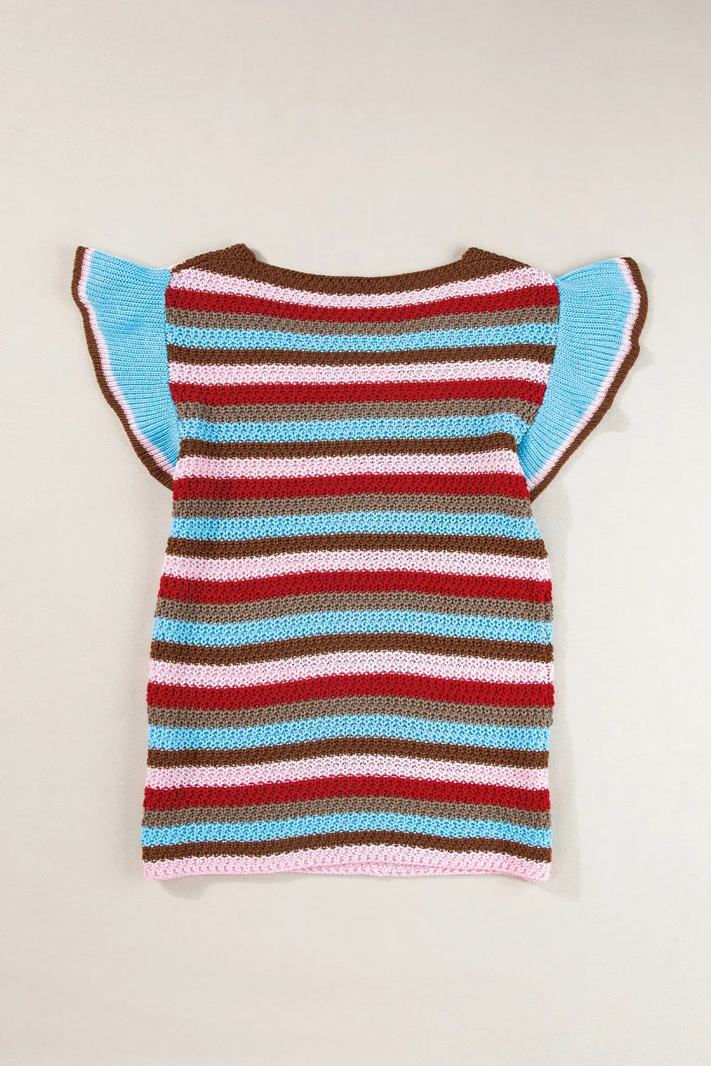 Pull rayé multicolore à manches volantées et col en V