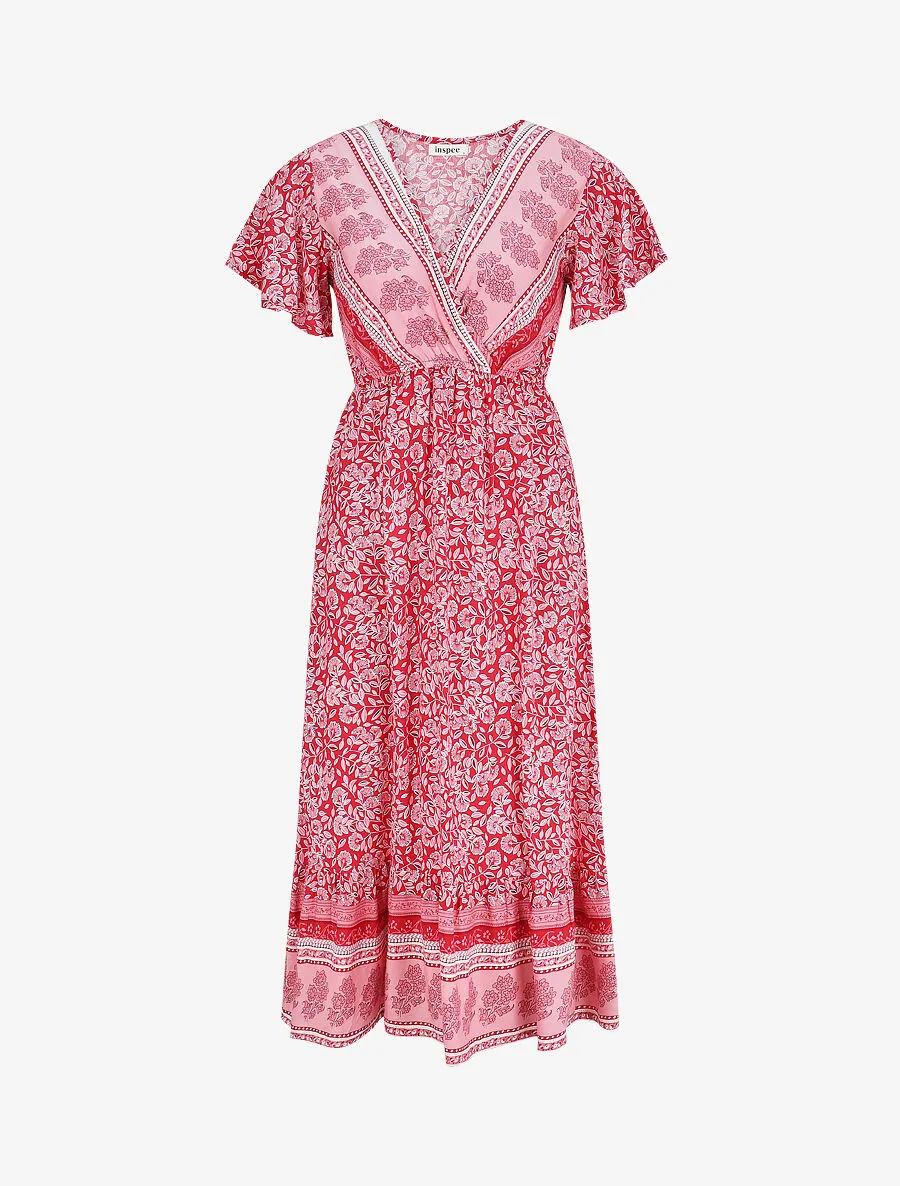 Robe longue à fleurs et manches courtes - Rouge
