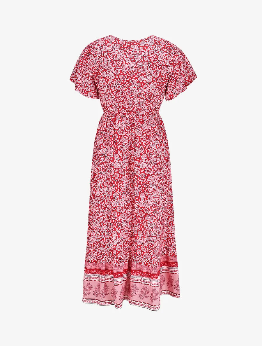 Robe longue à fleurs et manches courtes - Rouge