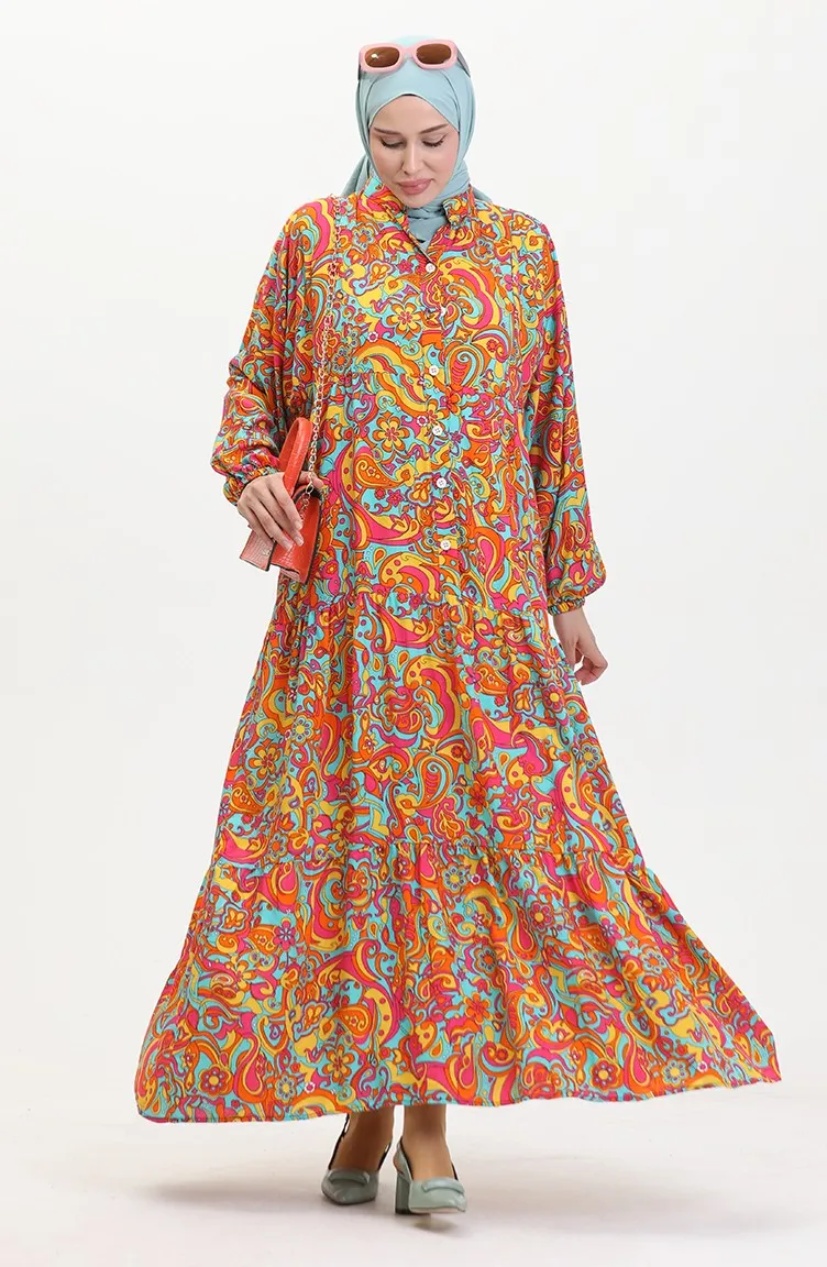 Robe Viscose à Motifs 0472-03 Orange 0472-03