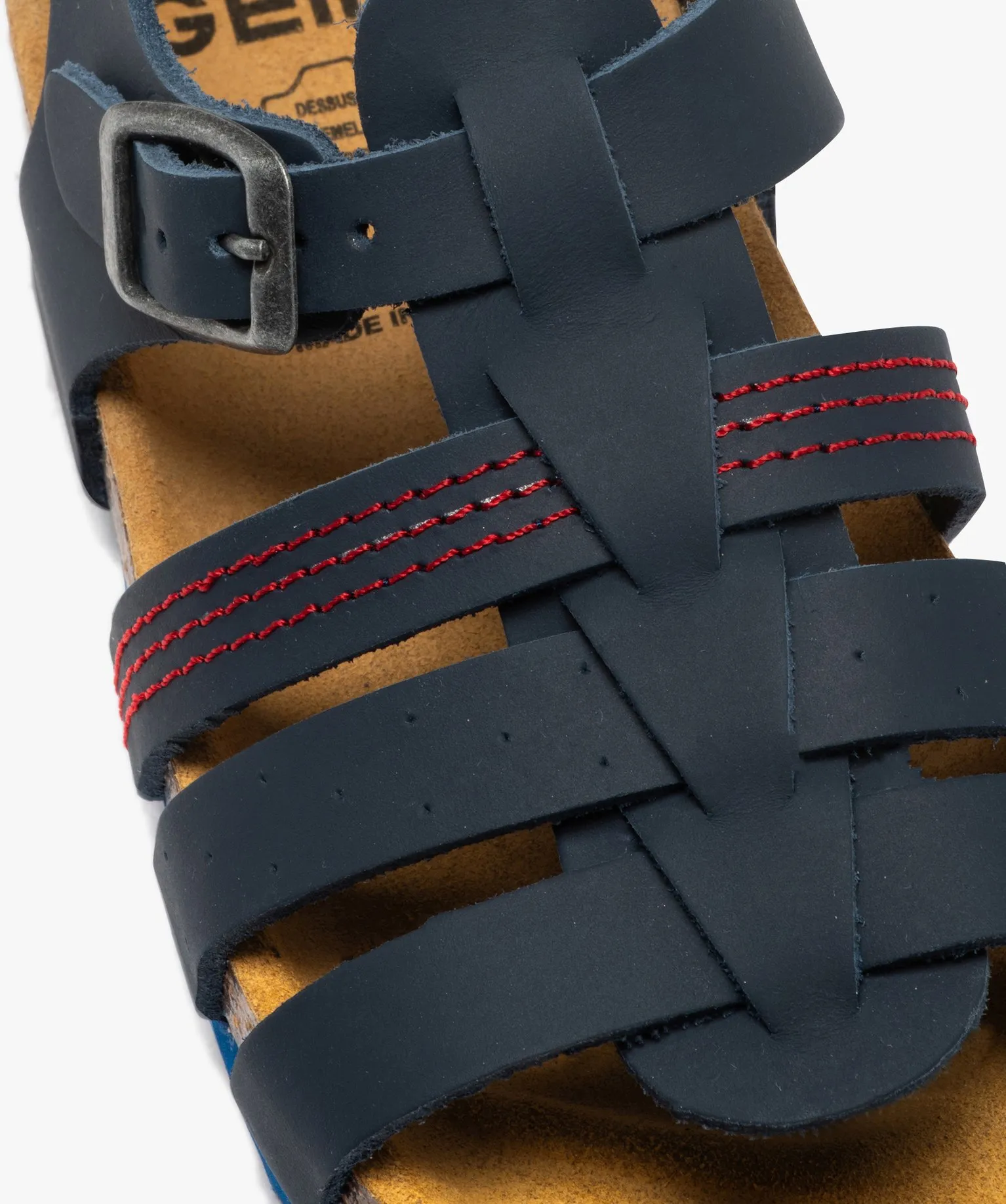 Sandales garçon en cuir uni à larges brides avec boucle bleu fonce
