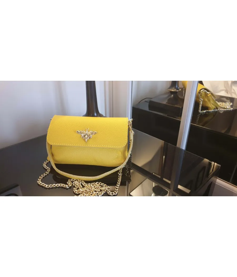Santaia pochette cuir Italie jaune bandoulière chaîne fermoir abeille