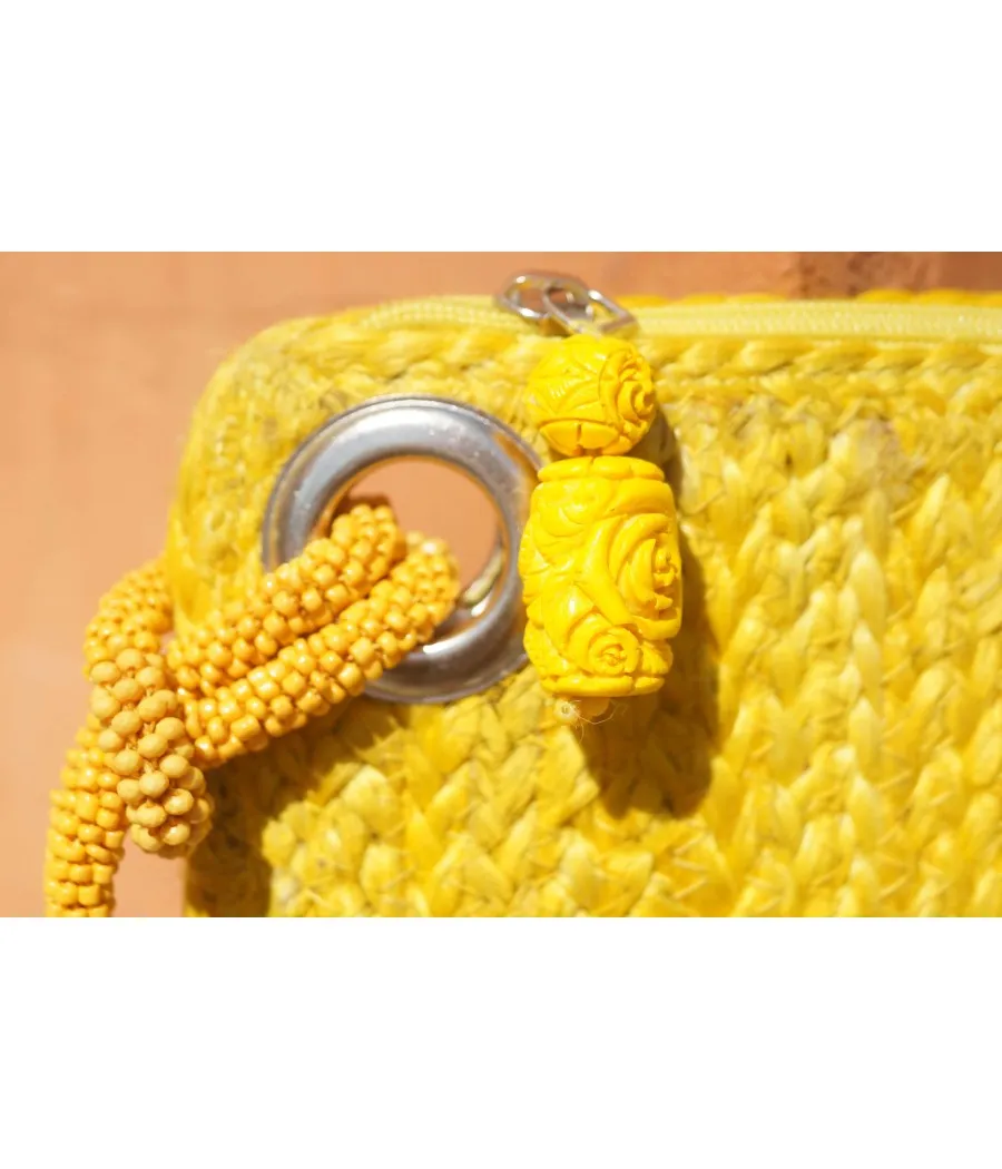 SANTAIA POCHETTE TRESSES DE JUTE JAUNE VIF LANIERE PERLES BOHÊME CHIC
