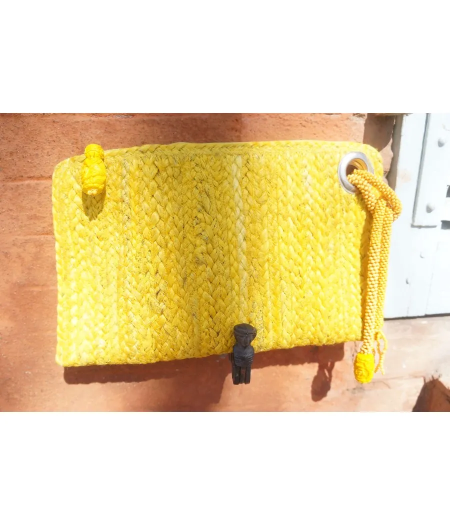 SANTAIA POCHETTE TRESSES DE JUTE JAUNE VIF LANIERE PERLES BOHÊME CHIC