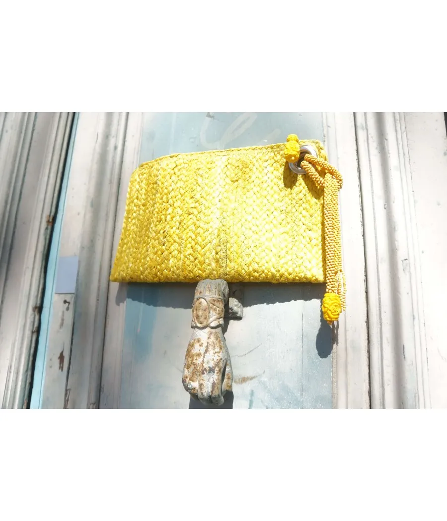 SANTAIA POCHETTE TRESSES DE JUTE JAUNE VIF LANIERE PERLES BOHÊME CHIC
