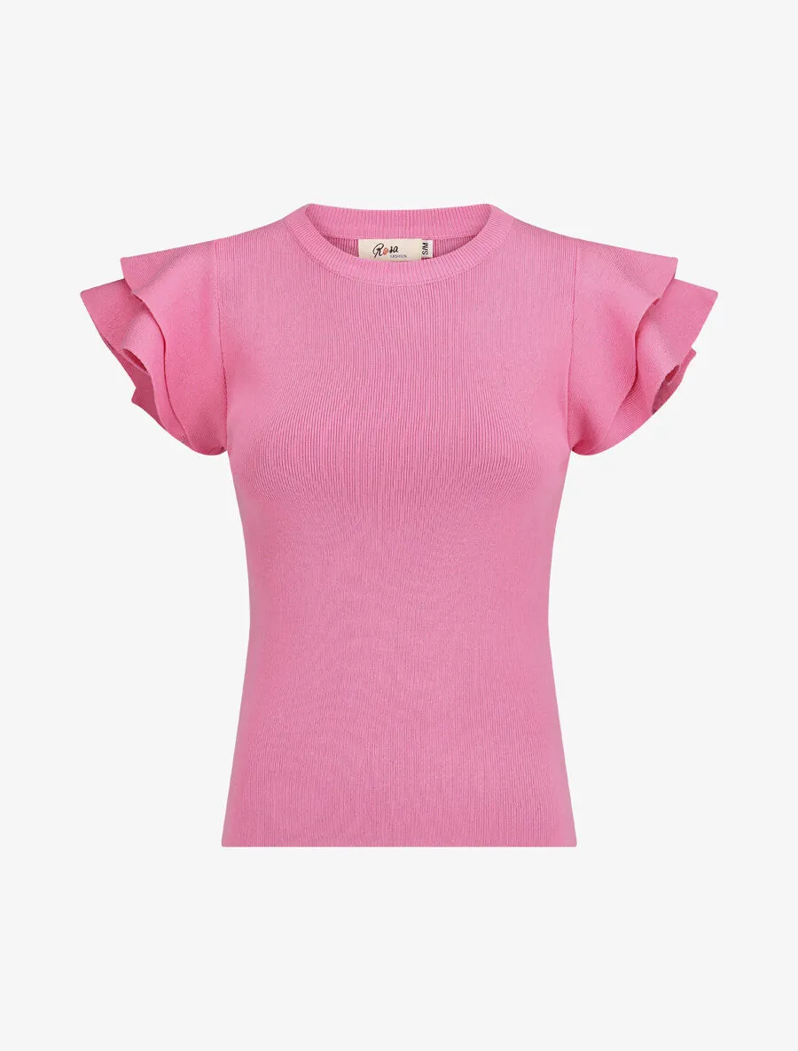 Top ajusté en maille mancherons volantés - Rose