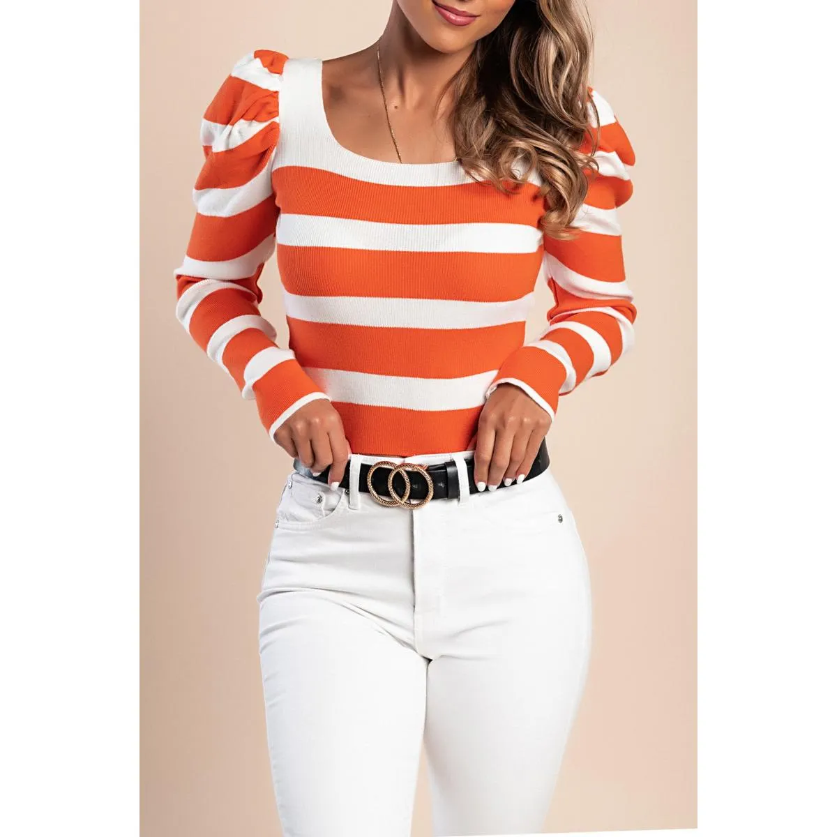 Top tricoté à imprimé rayé, orange